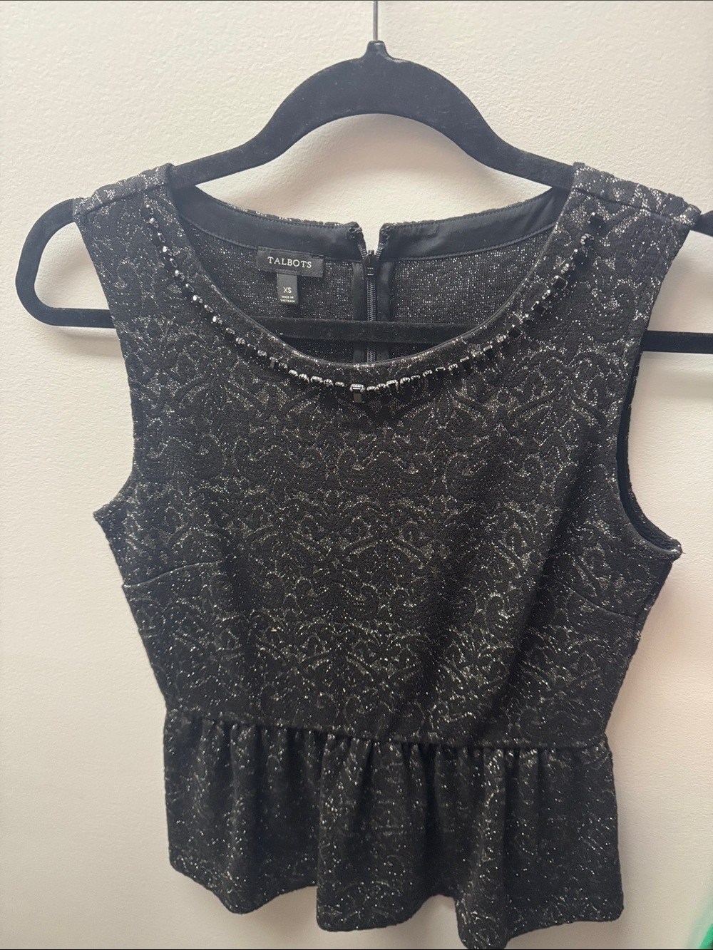 Talbots Black Metallic Lace Peplum Shell with Beaded Neckline